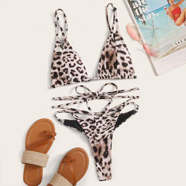 

Leopard Triangle Wrap Tie Thong Bikini Swimsuit, Multicolor