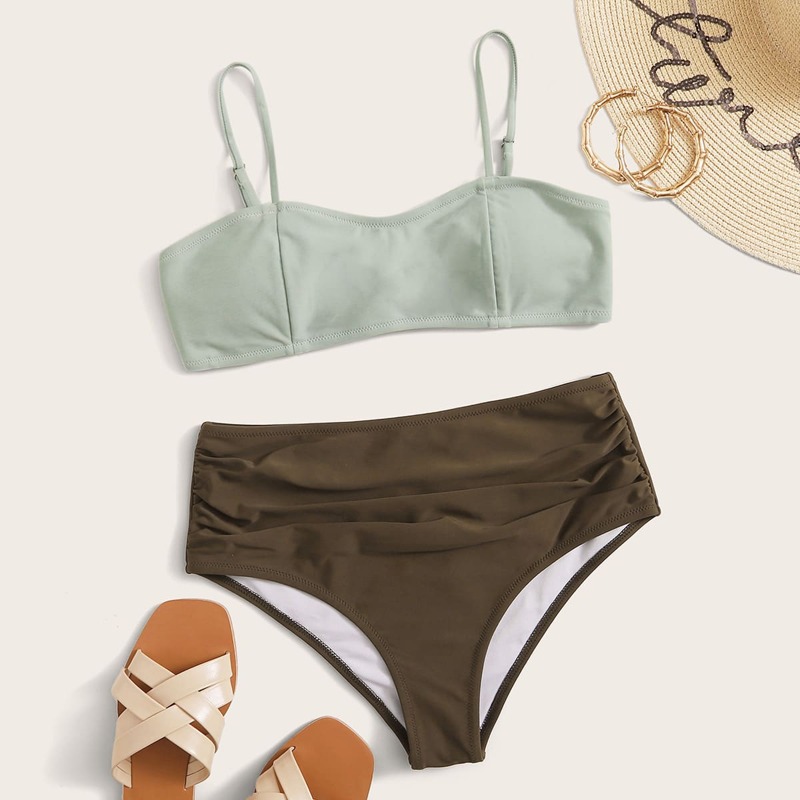 

Two Tone Top With Ruched High Waisted Bikini Set, Multicolor