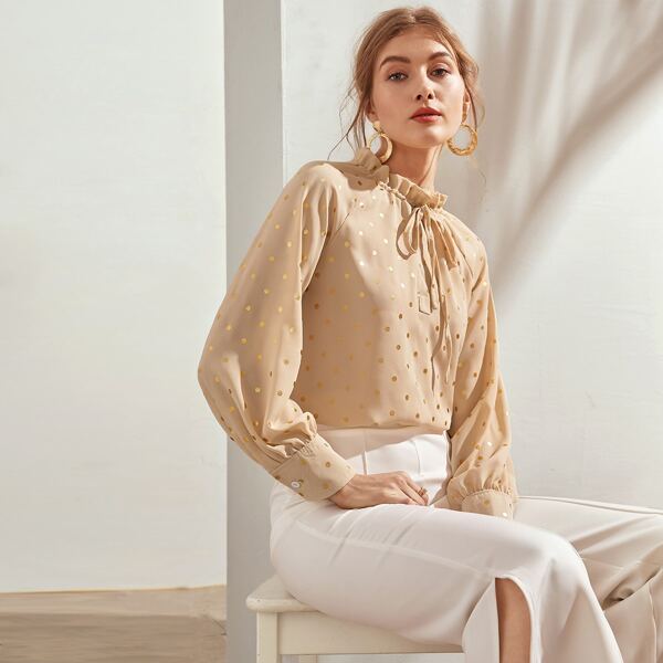 

Gold Dot Frill Tie Front Chiffon Blouse, Beige