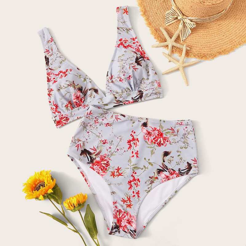 

Floral Print High Waisted Bikini Swimsuit, Multicolor