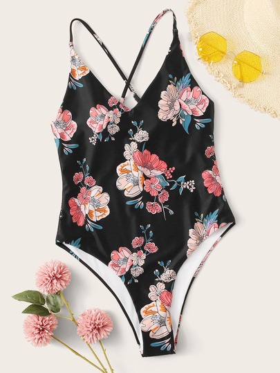 Floral Random Print Criss Cross One Piece Swimwear