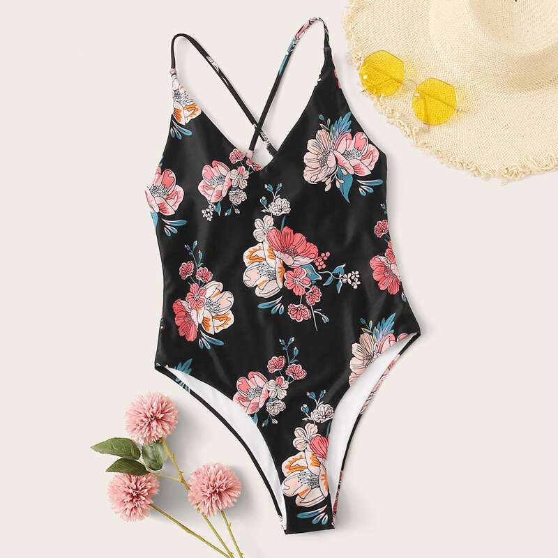 

Floral Random Print Criss Cross One Piece Swimwear, Multicolor
