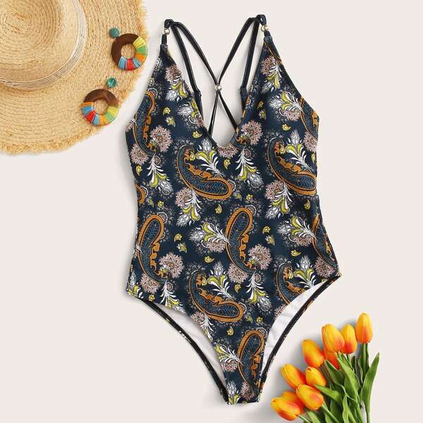 

Paisley Criss Cross One Piece Swimwear, Multicolor