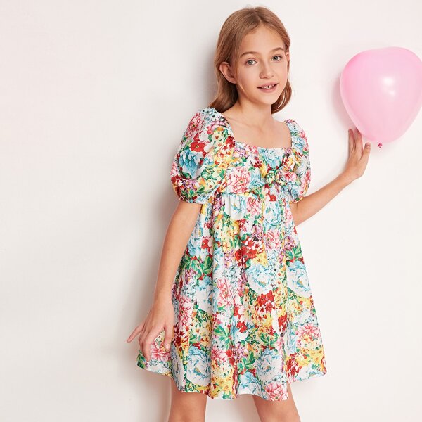 

Girls Puff Sleeve Shirred Back Tie Front Floral Dress, Multicolor