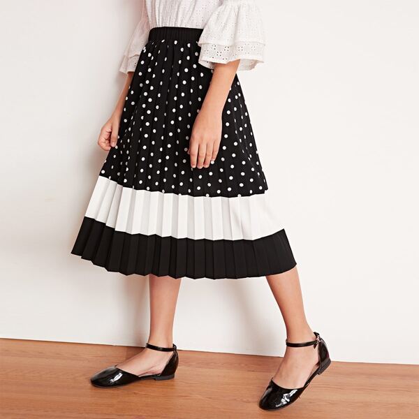 

Girls Elastic Waist Two Tone Polka Dot Pleated Skirt, Black and white