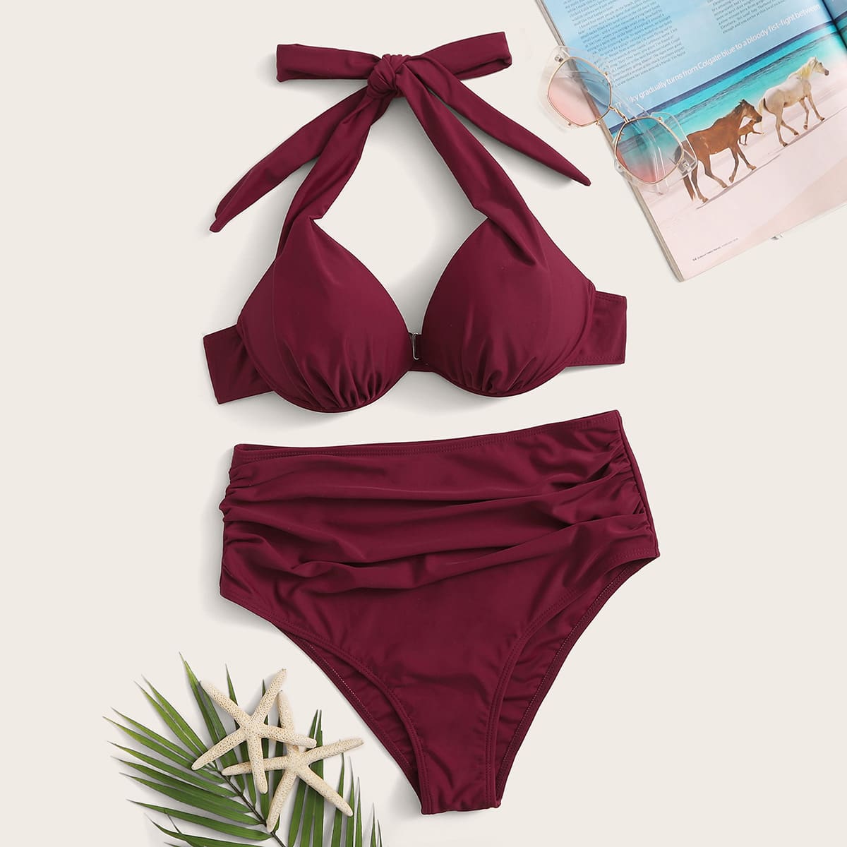 

Underwire Halterneck Ruched High Waisted Bikini Swimsuit, Burgundy