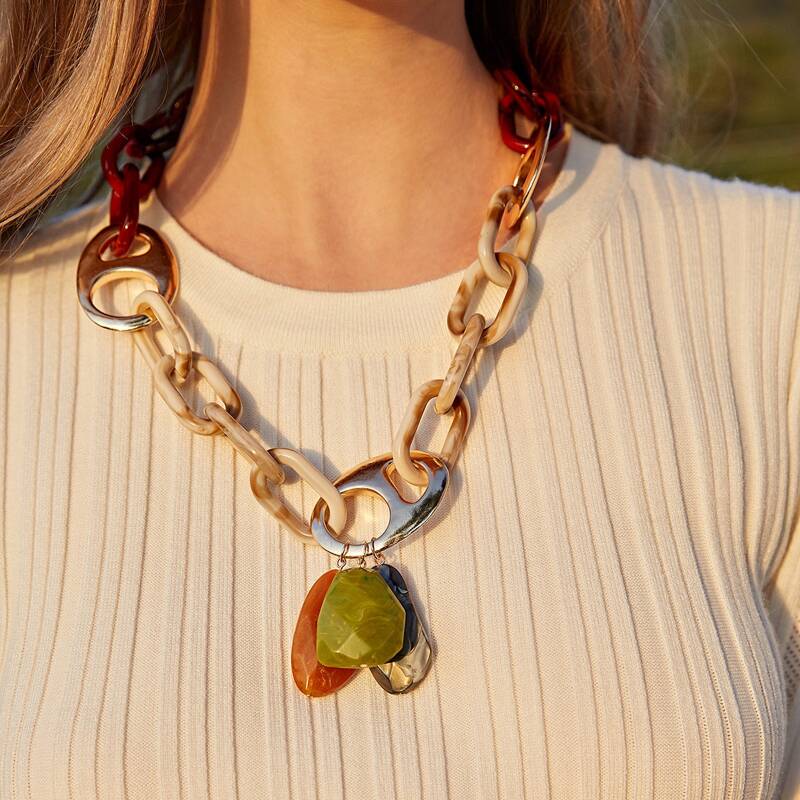 

1pc Gemstone Pendant Chain Necklace, Multicolor