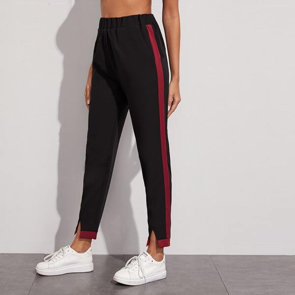 

Contrast Panel V-cut Hem Pants, Black