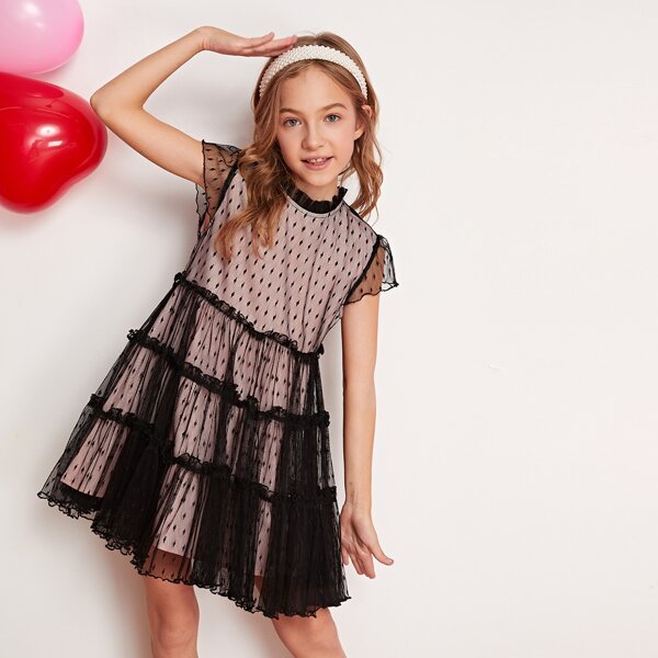 

Girls Frill Neck Layered Ruffle Hem Mesh Overlay Dress, Multicolor