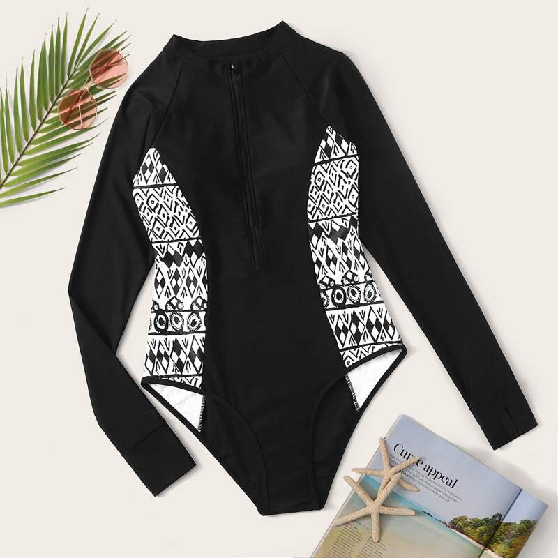 

Geo Random Print Zip Front One Piece Swimsuit, Black and white