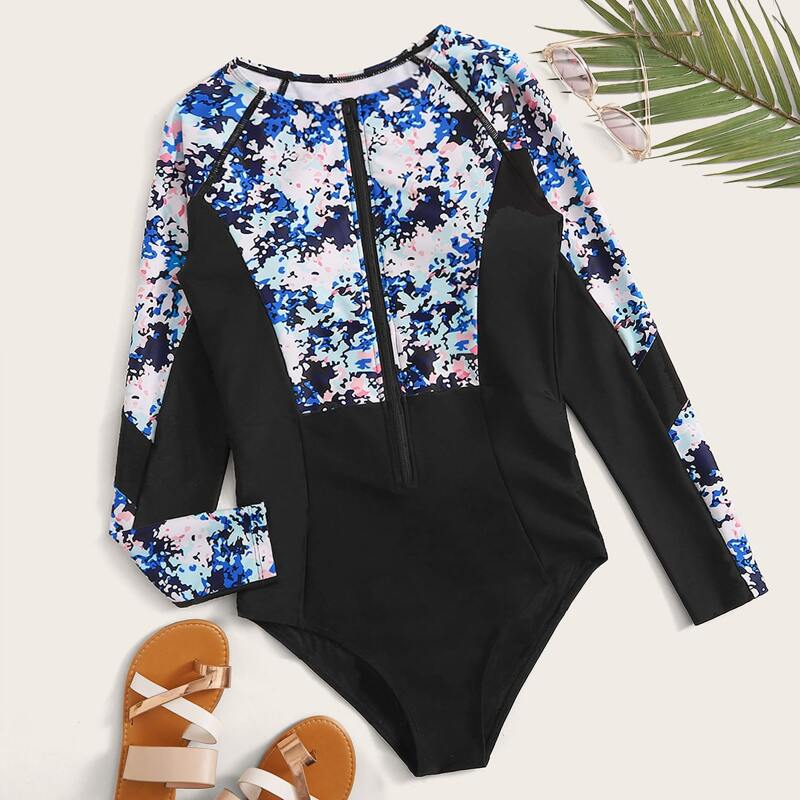 

Tie Dye Zipper Front Long Sleeve One Piece Swimwear, Multicolor
