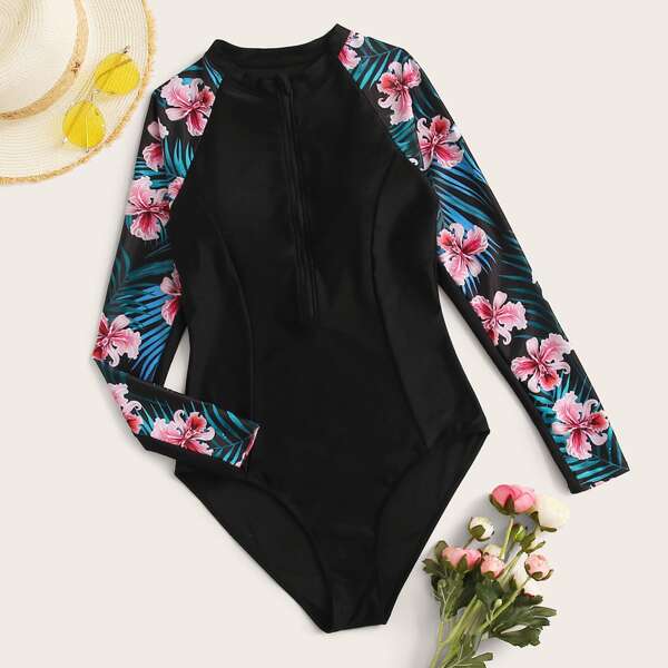 

Tropical Zipper Front Surfing Swimsuit, Black