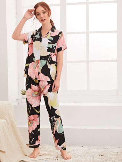Large Floral Print Button Up PJ Set