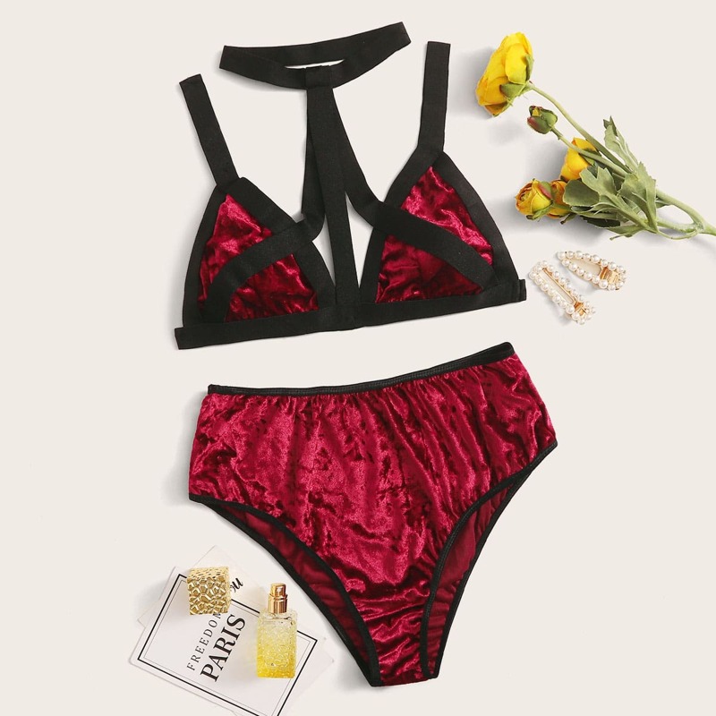 

Velvet Harness Lingerie Set, Burgundy
