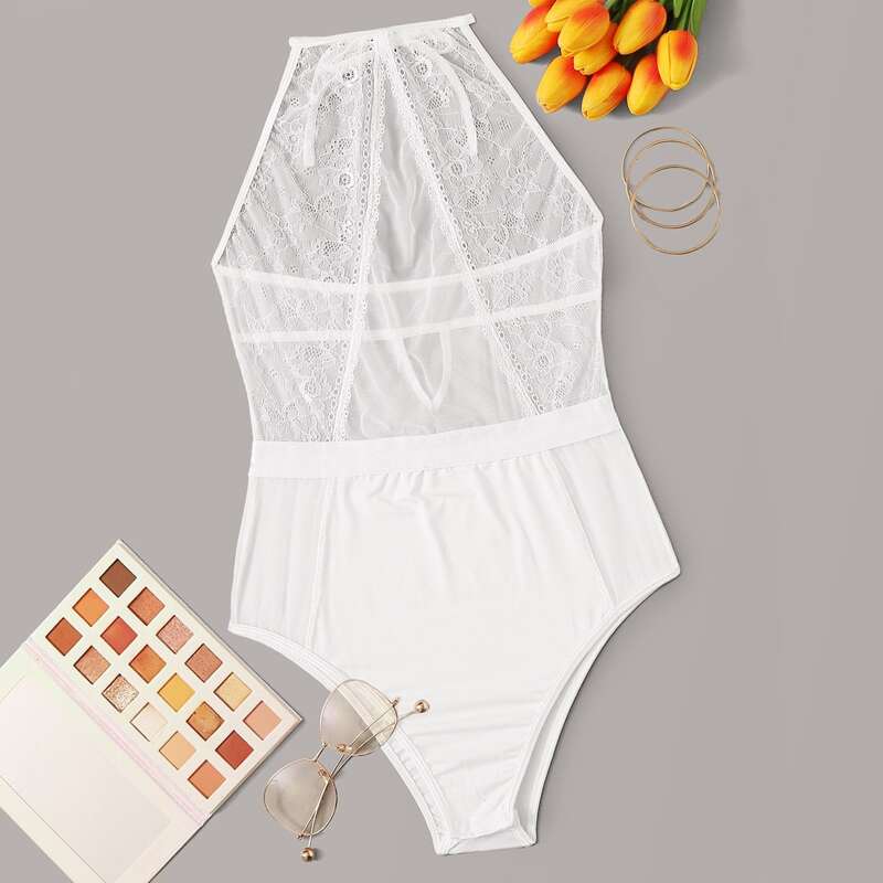 

Floral Lace Halter Teddy Bodysuit, White