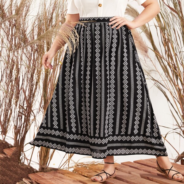 

Plus Tribal Print High Waist Maxi Skirt, Black and white