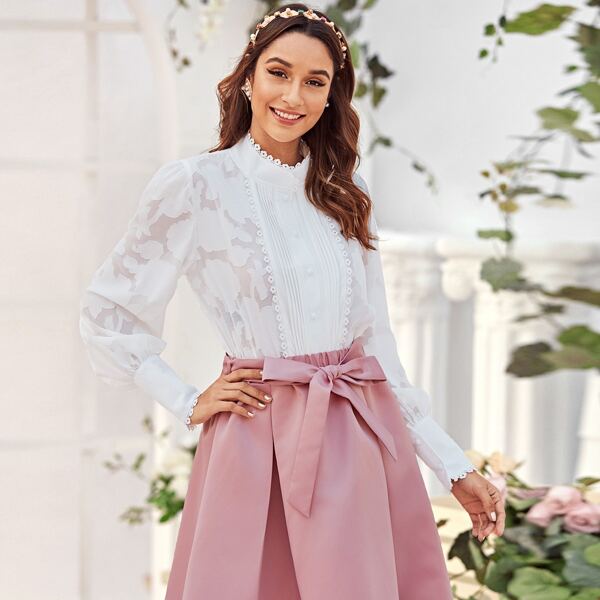 

Contrast Lace Panel Sheer Blouse, White