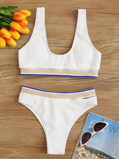 Rib Contrast Trim Top With High Waist Bikini Set