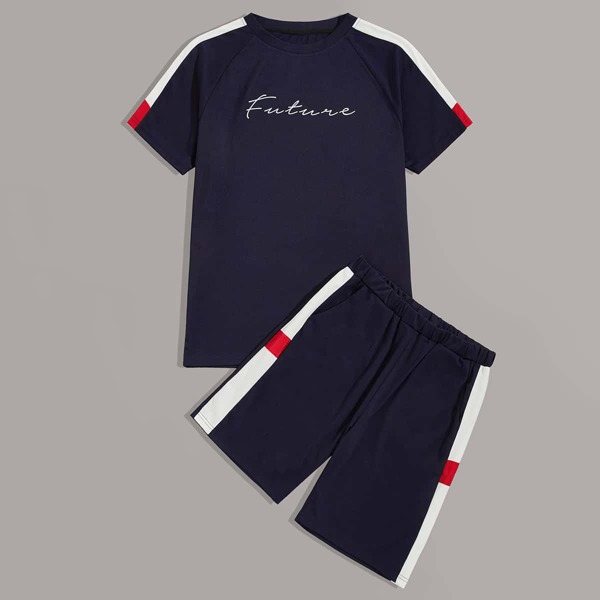 

Men Letter Graphic Tee & Track Shorts, Navy