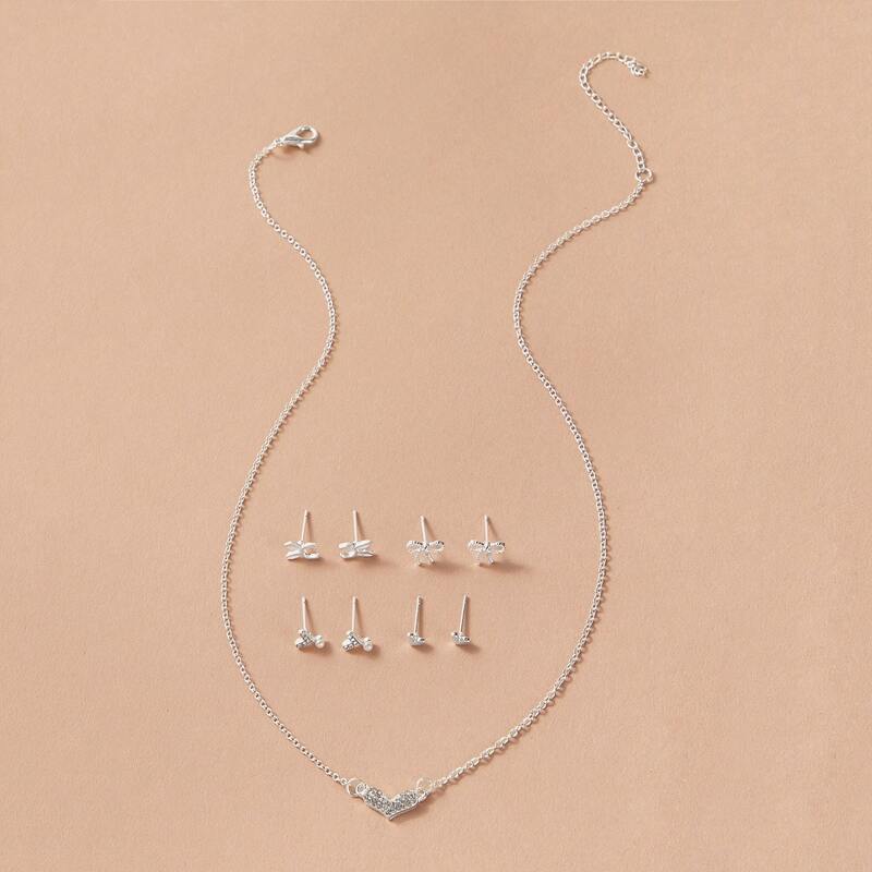 

9pcs Rhinestone Engraved & Bow Knot Decor Necklace & Earrings