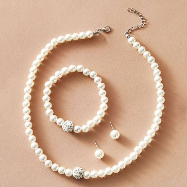 

4pcs Faux Pearl Beaded Necklace & Bracelet & Earrings