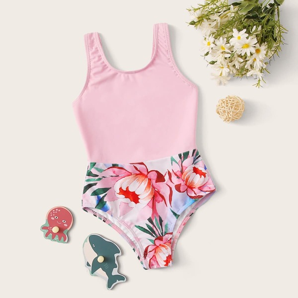 

Girls Floral Print One Piece Swimwear, Pink