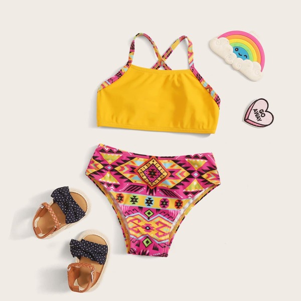 

Toddler Girls Geo Criss Cross Top With High Waist Bikini, Multicolor