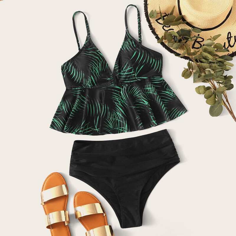 

Palm Print Ruched High Waisted Bikini Swimsuit, Multicolor