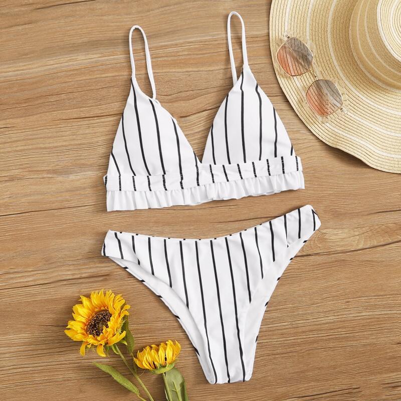 

Striped Ruffle Trim Triangle High Cut Bikini Swimsuit, Black and white