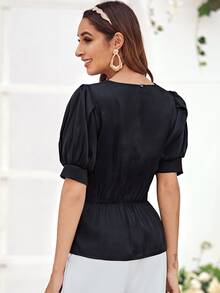 Round Neck Ruffle Hem Blouse - Black - View 2