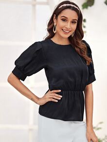 Round Neck Ruffle Hem Blouse - Black - View 4