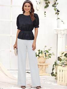 Round Neck Ruffle Hem Blouse - Black - View 5