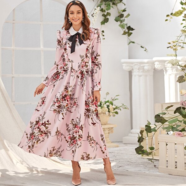 

Floral Print Tie Neck Frill Trim Dress, Pastel baby pink