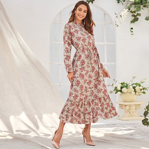 

Floral Print Drawstring Waist Ruffle Hem Dress, Multicolor