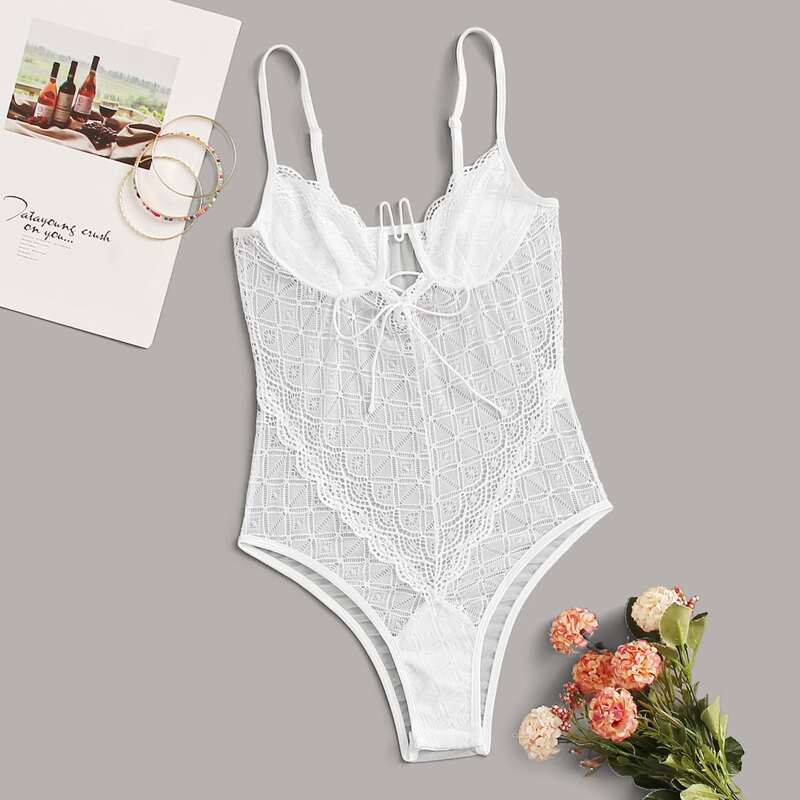 

Lace-up Geometric Lace Teddy Bodysuit, White