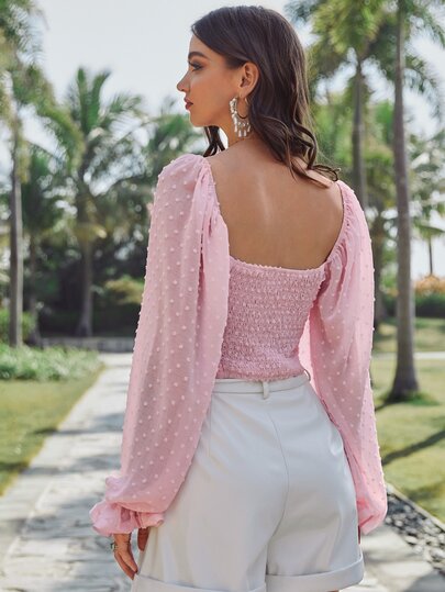 Flounce Sleeve Ruched Shirred Swiss Dot Crop Top