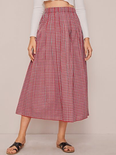 Elastic Waist Plaid Maxi Skirt
