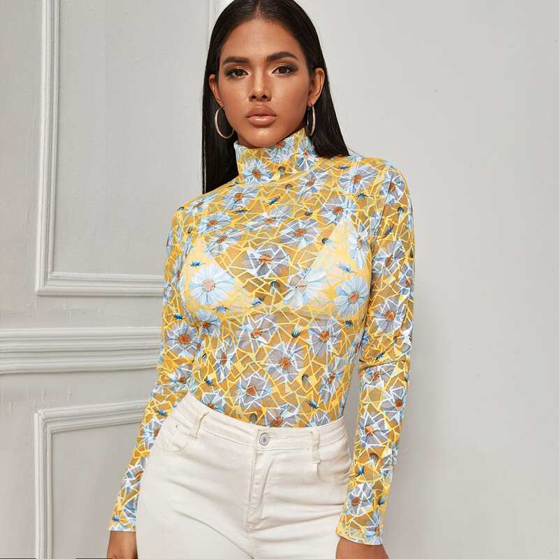 

Floral And Geo Print Sheer Top Without Bra, Multicolor