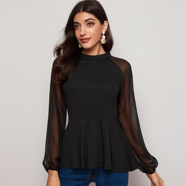 

Tie Back Contrast Mesh Peplum Top, Black