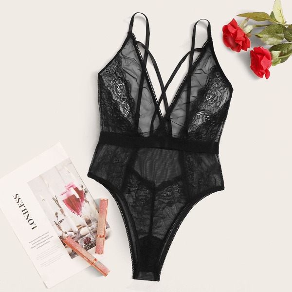 

Crisscross Floral Lace Teddy Bodysuit, Black