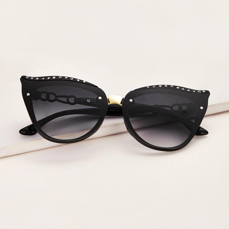 Rhinestone Engraved Cat Eye Sunglasses, Black