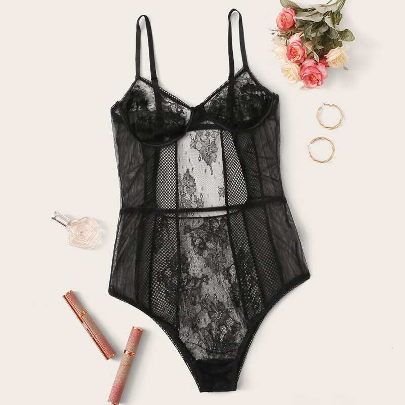 

Floral Lace Fishnet Teddy Bodysuit, Black