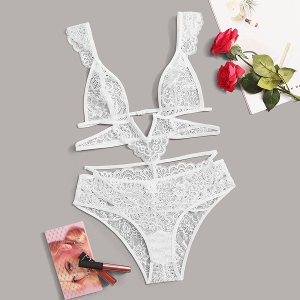 

Scallop Floral Lace Harness Lingerie Set, White