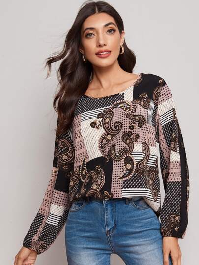 Tribal Print Curved Hem Blouse