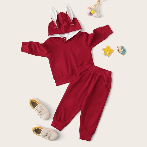 

Toddler Girls 3D Rabbit Ear Design Hoodie With Joggers, Red