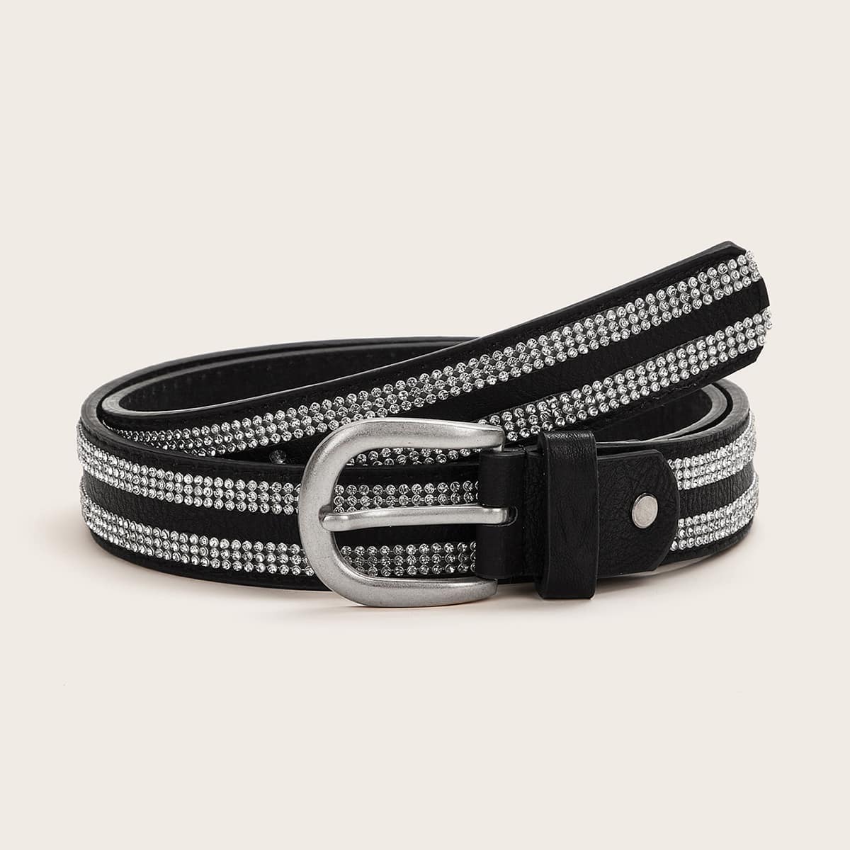 

Rhinestone Engraved Buckle Belt, Black and white