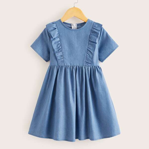 

Toddler Girls Ruffle Trim Zipper Back Swing Dress, Blue