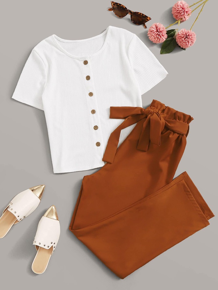 Button Up Tee & Belted Pants Set