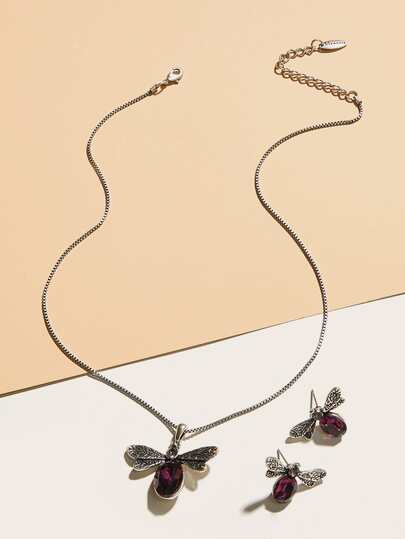 3pcs Gemstone Dragonfly Charm Necklace With Earrings