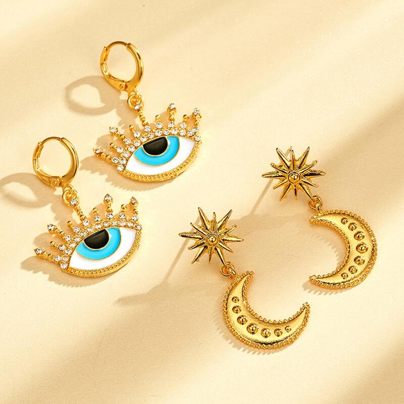 

2pairs Rhinestone Eye & Moon Drop Earrings, Gold